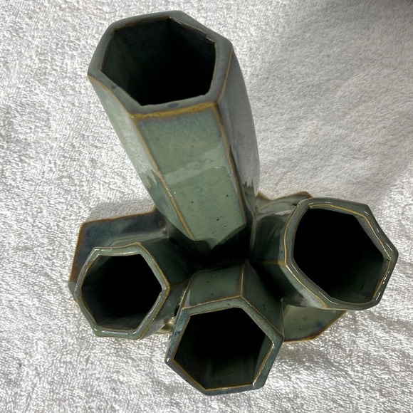 Vintage Handmade  Green Ceramic Pottery Vase Art - Picture 5 of 16